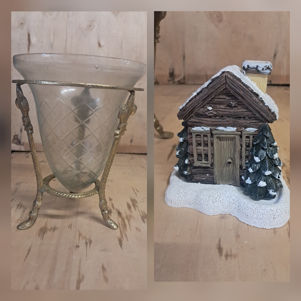 Log Cabin Incense Burner & Glass Votive Holder With Brass Stand